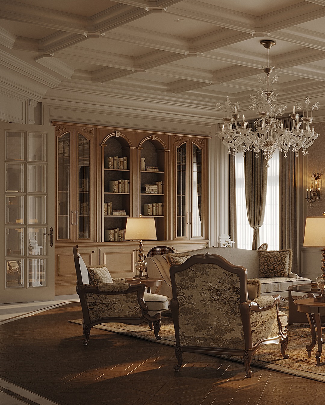 A noble, regal space rich in European artistic character.