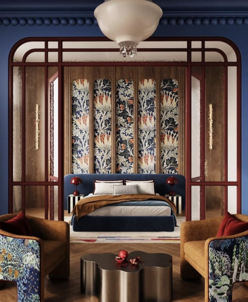 Thiết kế phòng ngủ Art Deco mang đến cảm giác thư giãn với đầu giường bọc nhung, ánh sáng vàng ấm và chi tiết kim loại tinh tế. (Nguồn hình: Internet)