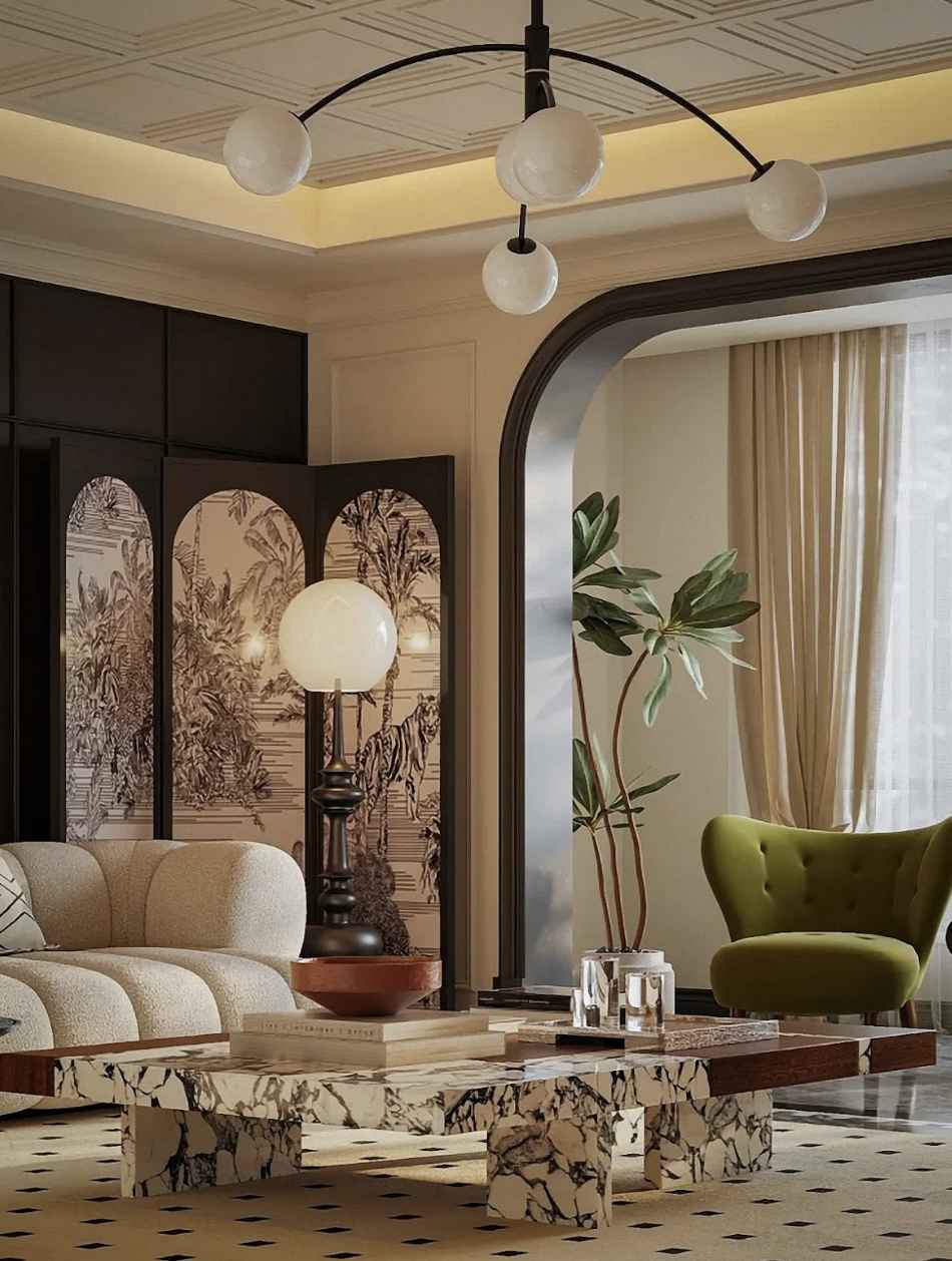Không gian phòng khách Art Deco nổi bật với sofa nhung cao cấp, chi tiết kim loại mạ vàng và bố cục đối xứng tạo cảm giác sang trọng. (Nguồn hình: Internet)