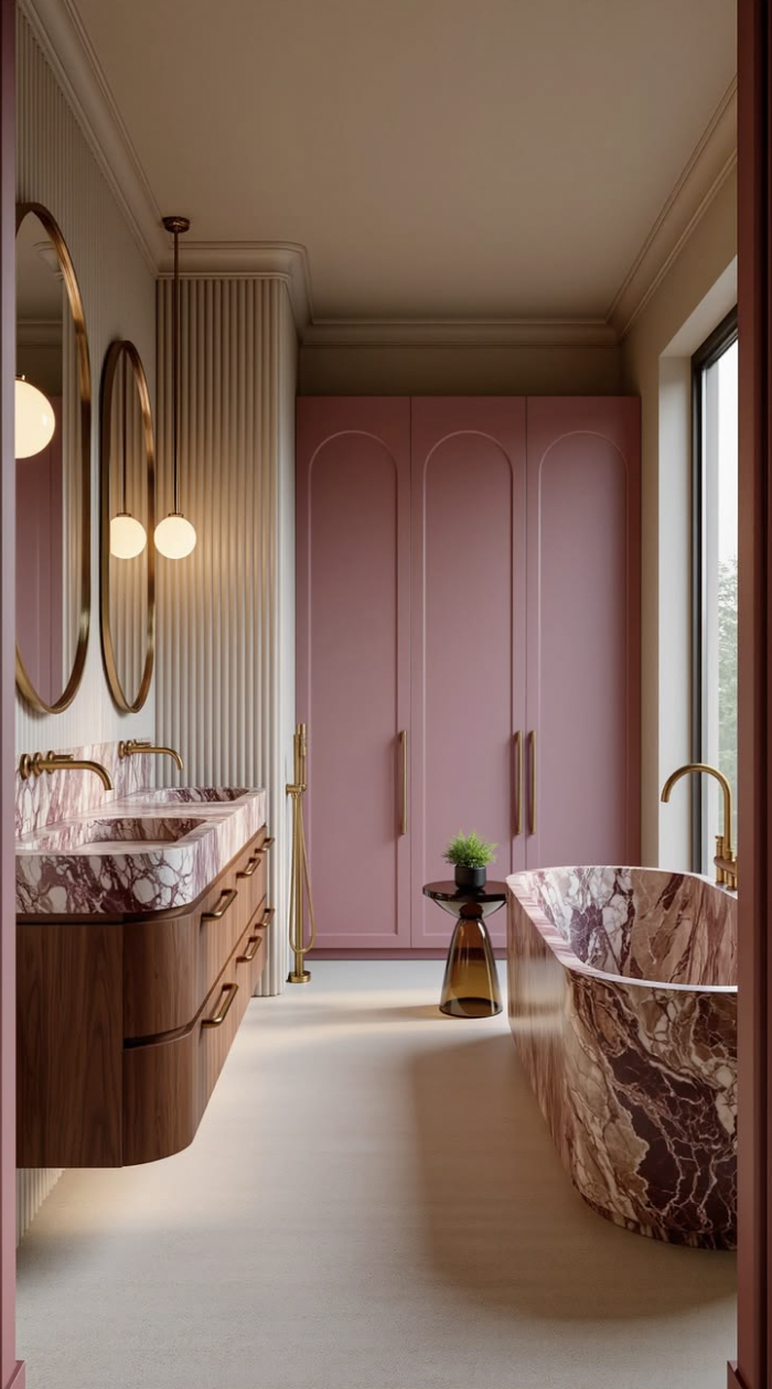 Không gian phòng tắm Art Deco kết hợp đá marble, gương hình học và phụ kiện kim loại mang vẻ đẹp sang trọng. (Nguồn hình: Internet)