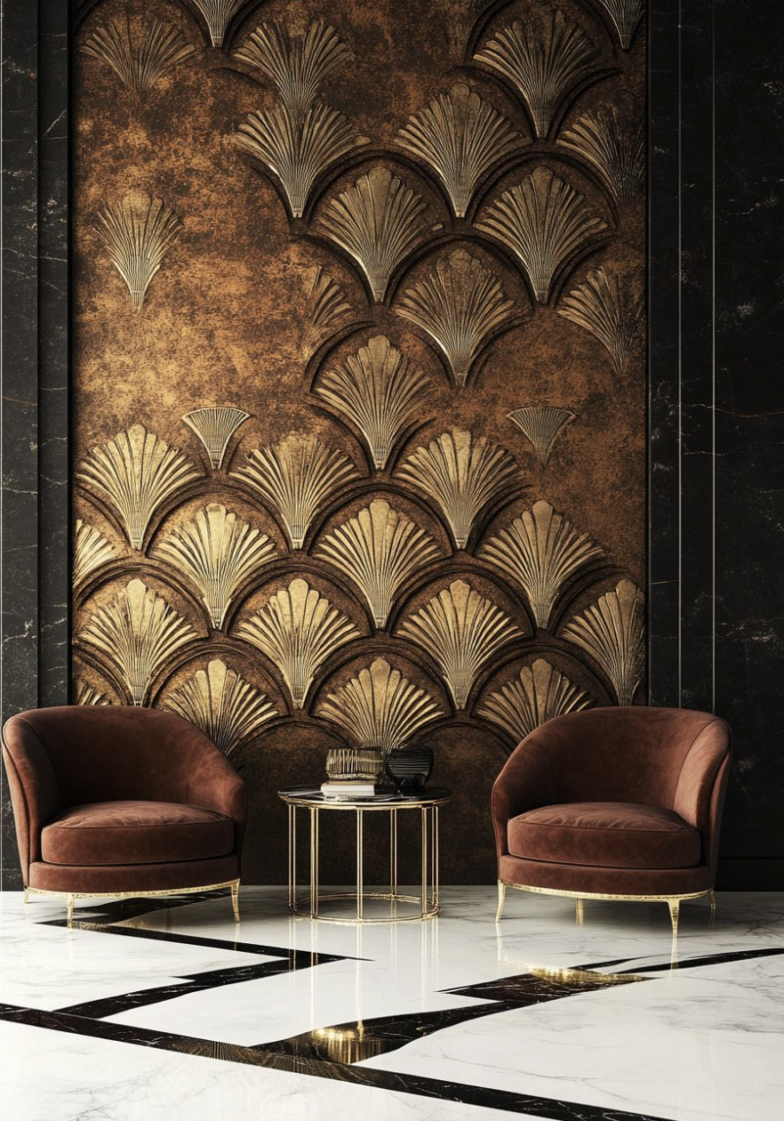 Phòng khách Art Deco kết hợp sofa cao cấp, vật liệu sang trọng và họa tiết hình học, tạo không gian tinh tế, ấn tượng (Nguồn hình: Internet)