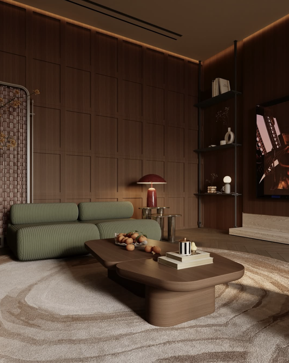 An Eclectic living room stands out with a symmetrical layout, striking furniture, and artistic decorative details. (Image source: Internet)