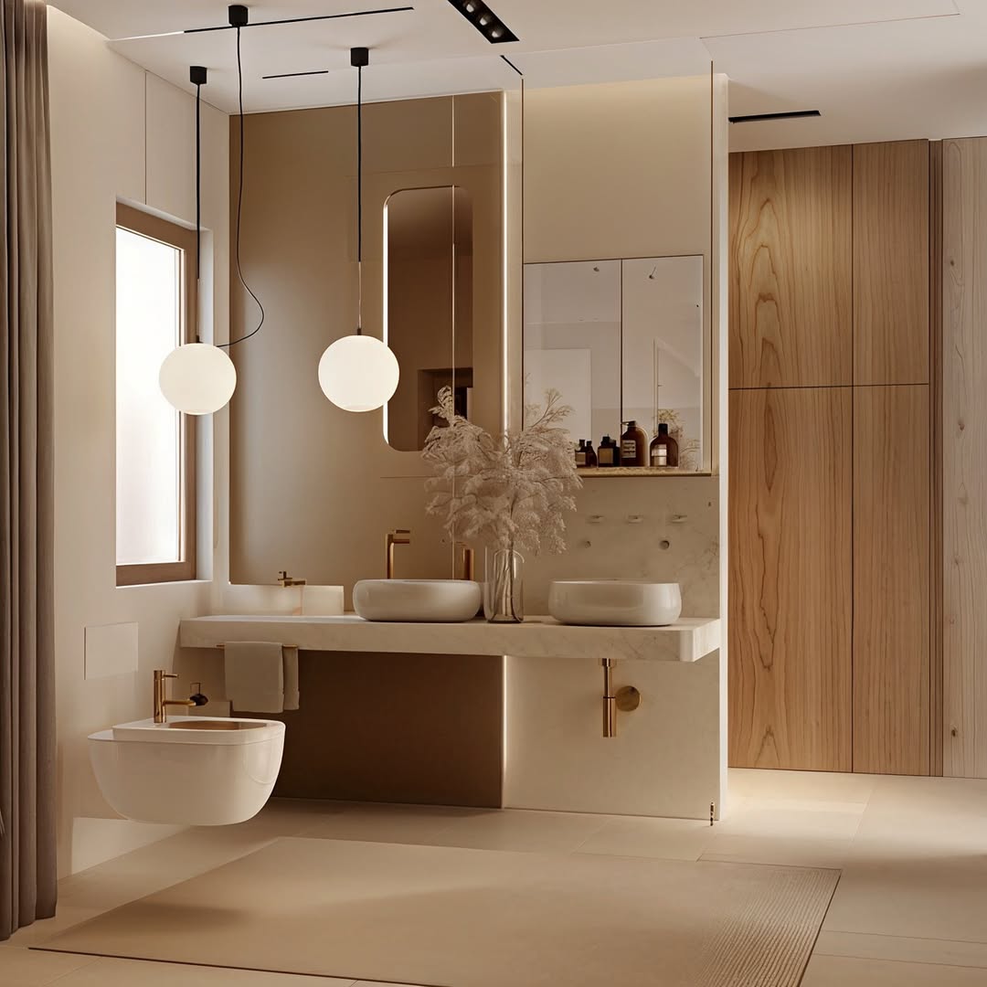 Phòng tắm Japandi mang lại trải nghiệm thư giãn tựa như một spa thu nhỏ với sự kết hợp hài hòa giữa đá và gỗ.