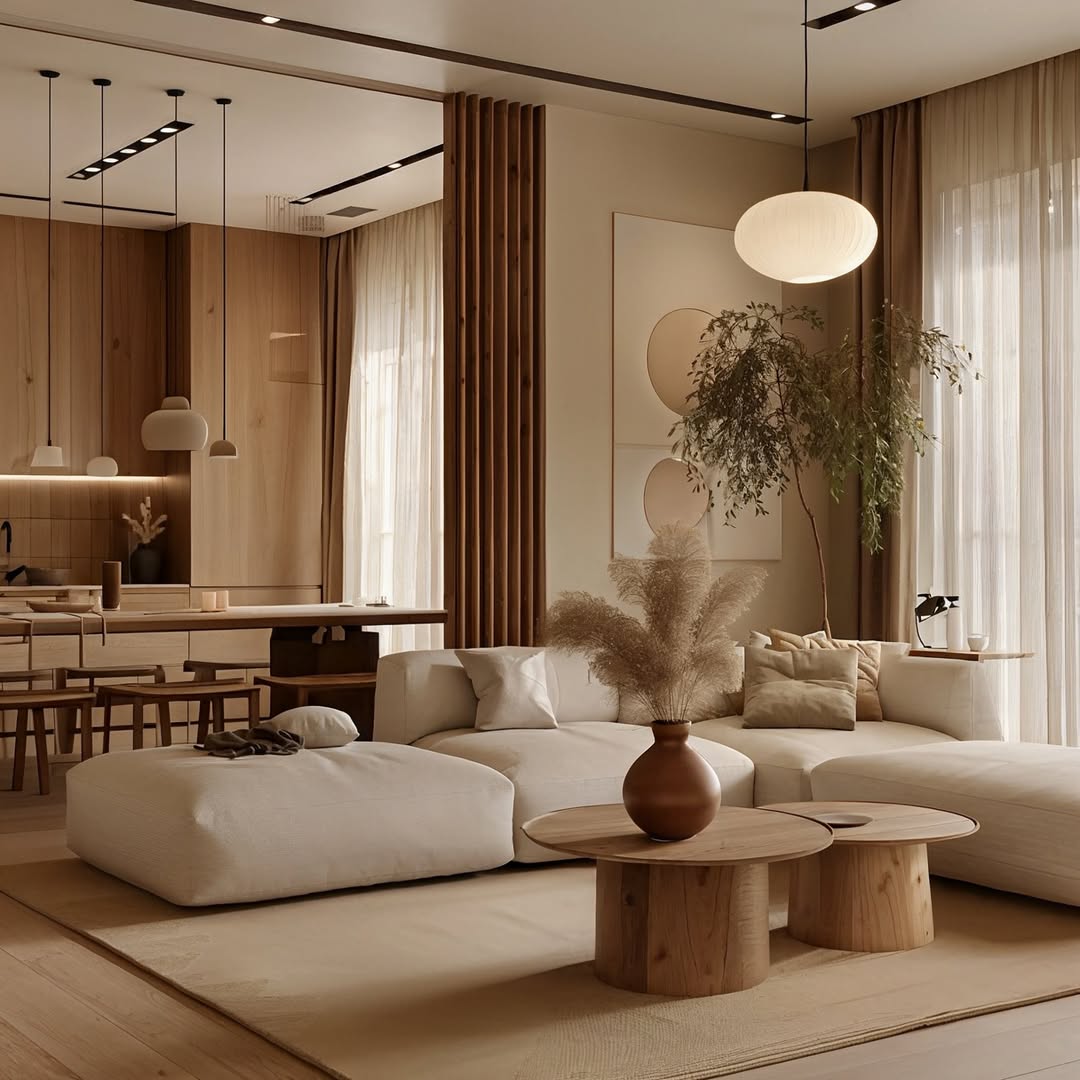 Phòng khách thư thái với bộ sofa bệt, thảm dệt và bàn trà gỗ mộc