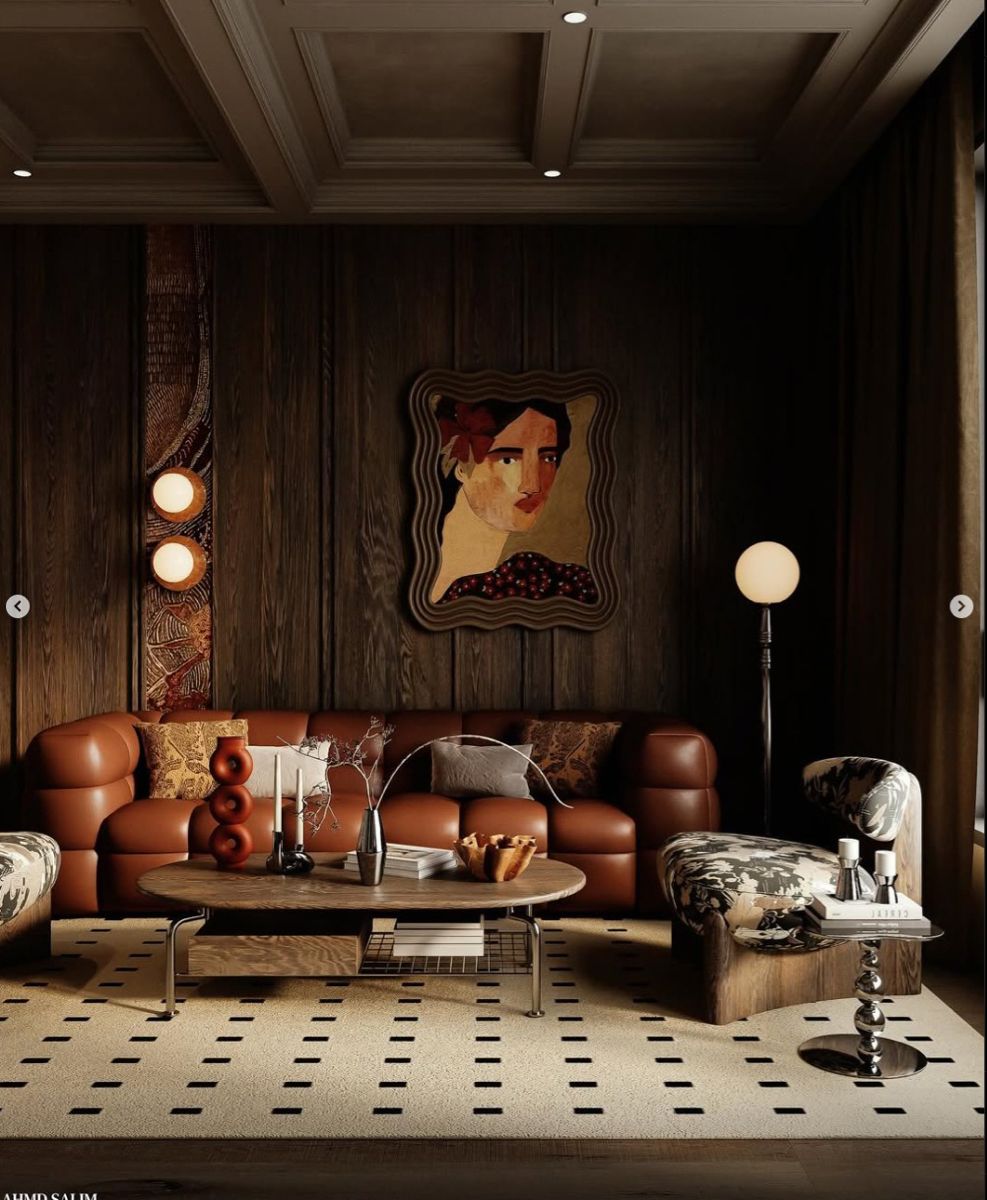The improvised combination of a classical leather sofa and a contemporary coffee table creates a one-of-a-kind living room.