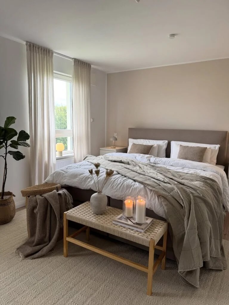 Raw fabric curtains and soft cushions dispel the coldness, creating an ideal relaxation corner.