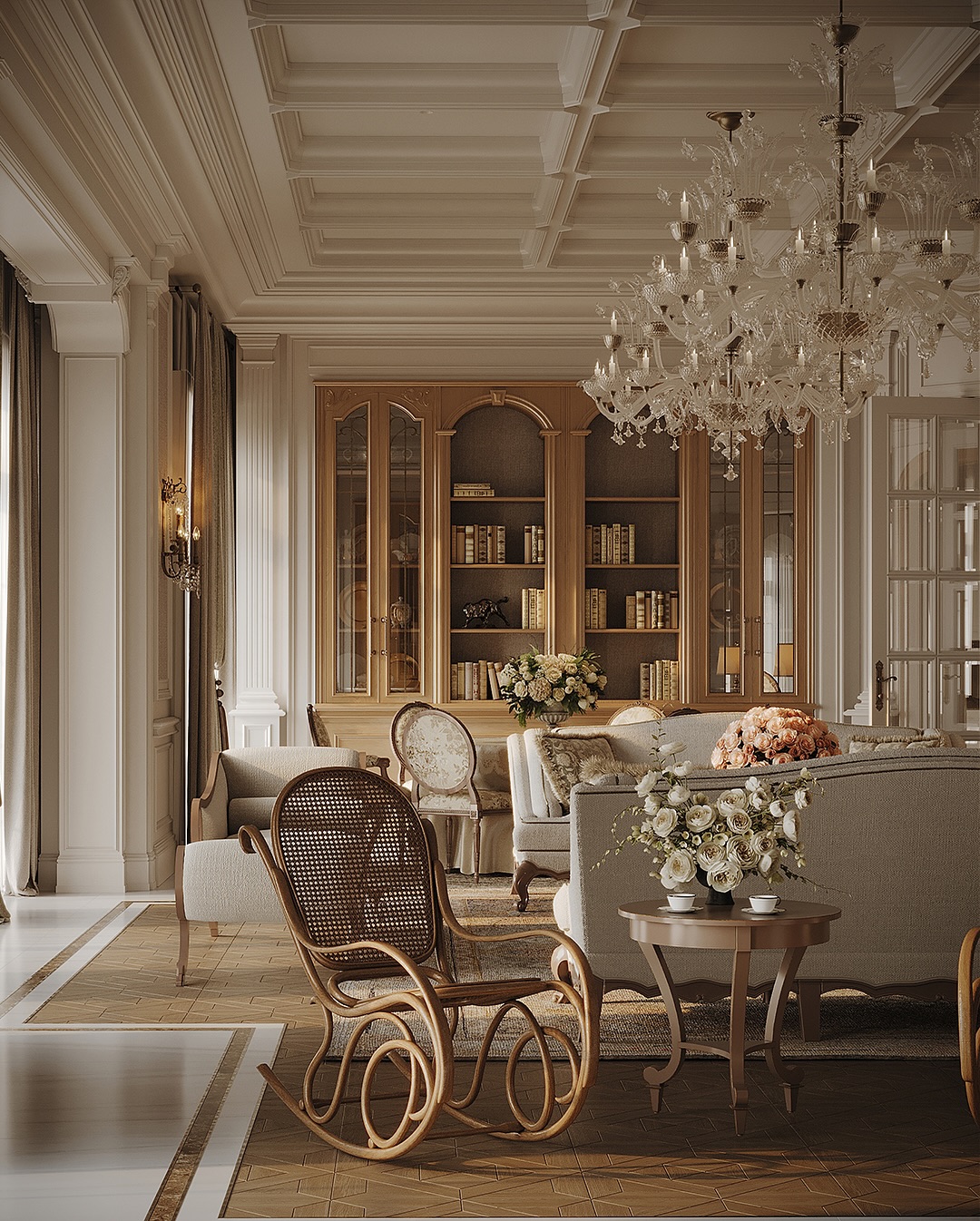 Elegant tiered ceilings and splendid crystal chandeliers are indispensable highlights of a Neoclassical villa.