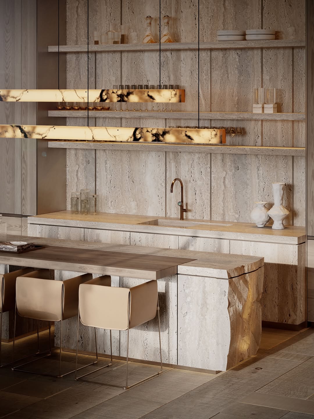 Solid natural stone combined with light brings a quietly luxurious look to the kitchen area.