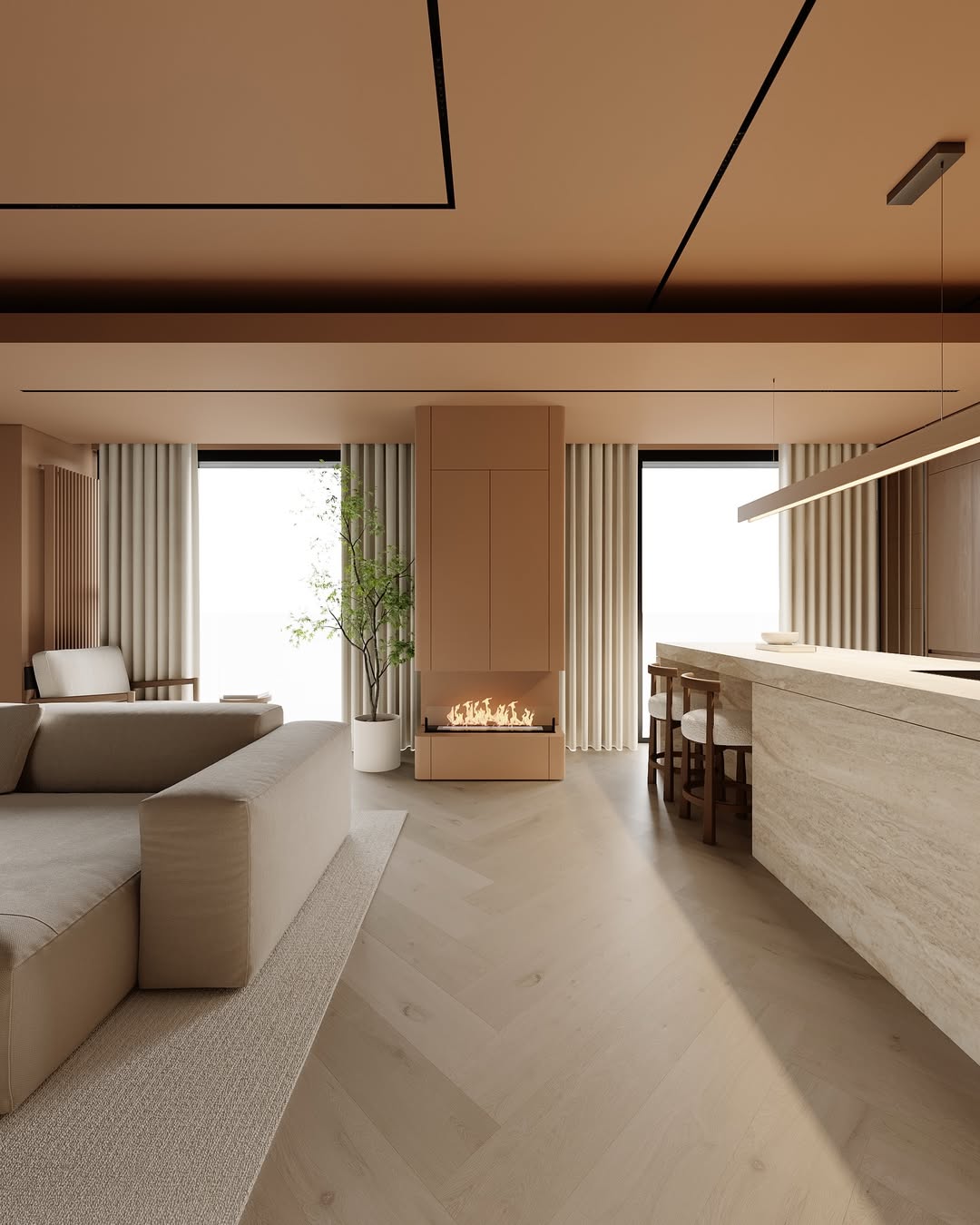 Natural light filters through large glass panels, becoming the most precious "decorative material" of the Minimalism style.