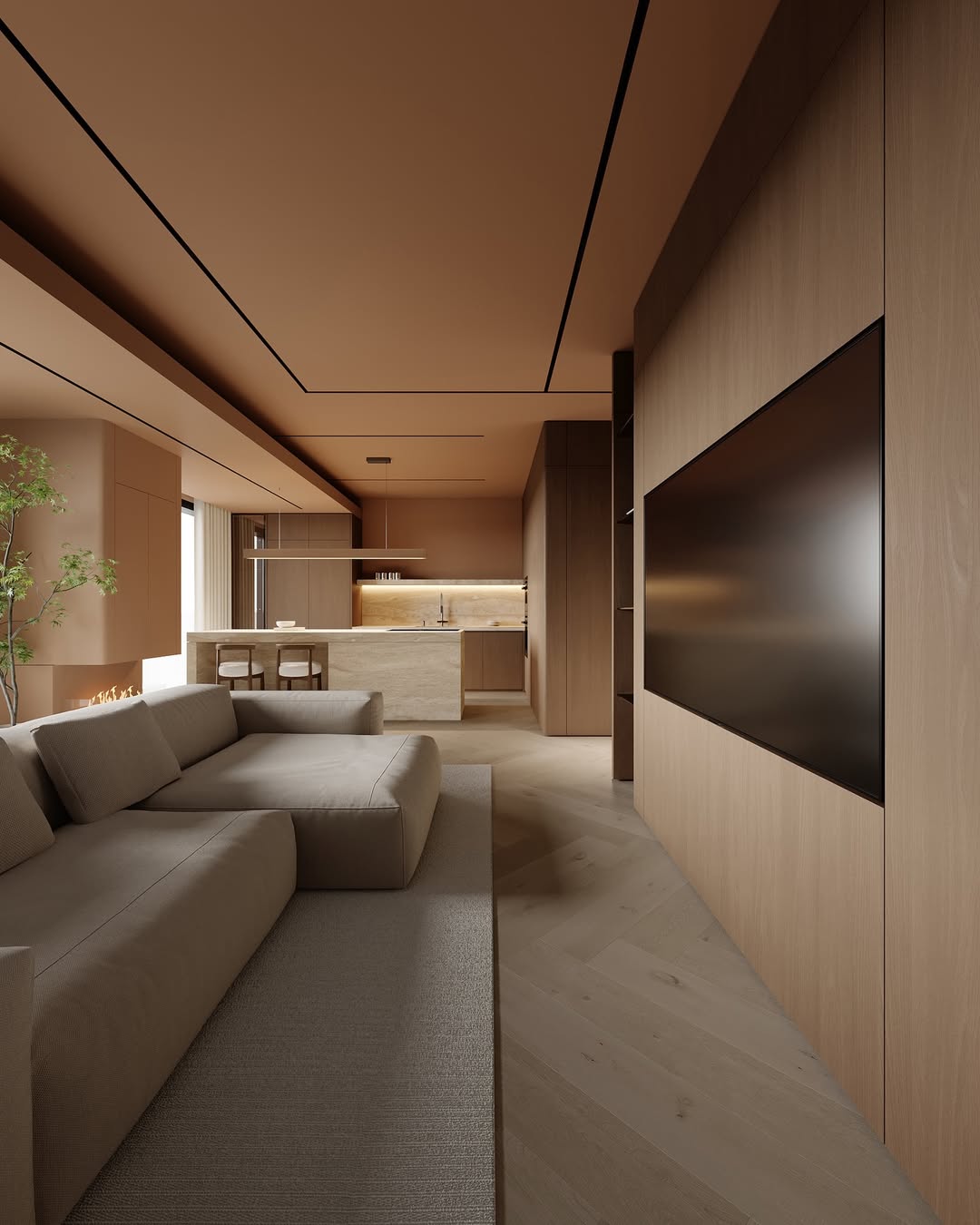 The "Less is More" philosophy is fully expressed through a minimalist, refined living room.