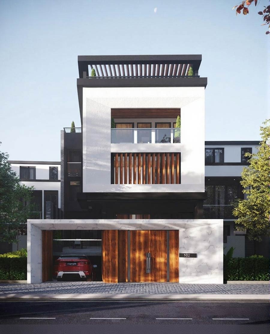 The harmonious combination of wood and stone in a captivating Modern townhouse villa design. (Source: Internet)