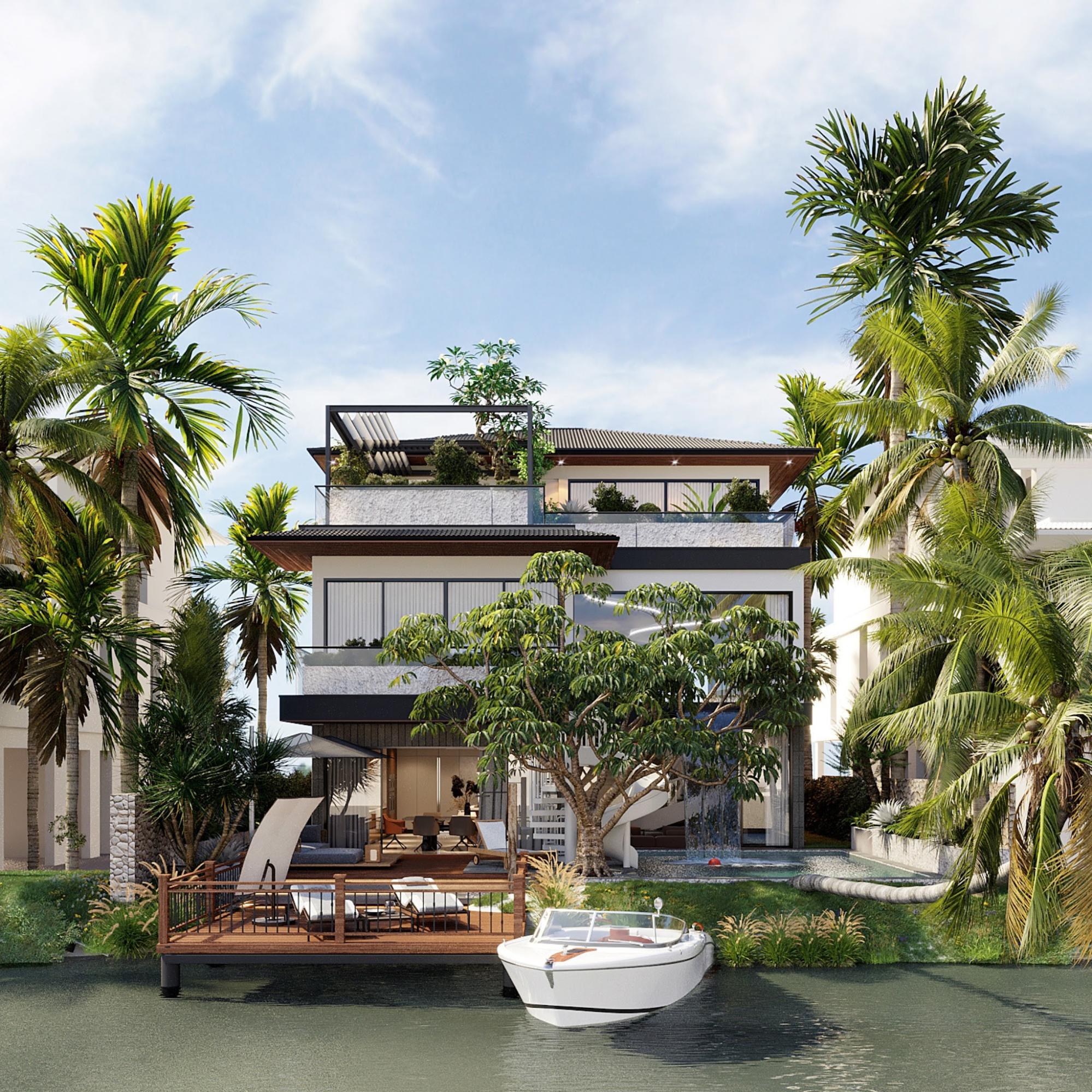A riverside Modern-style garden villa, standing out with tiered glass balconies, an infinity pool, and a private boat dock.