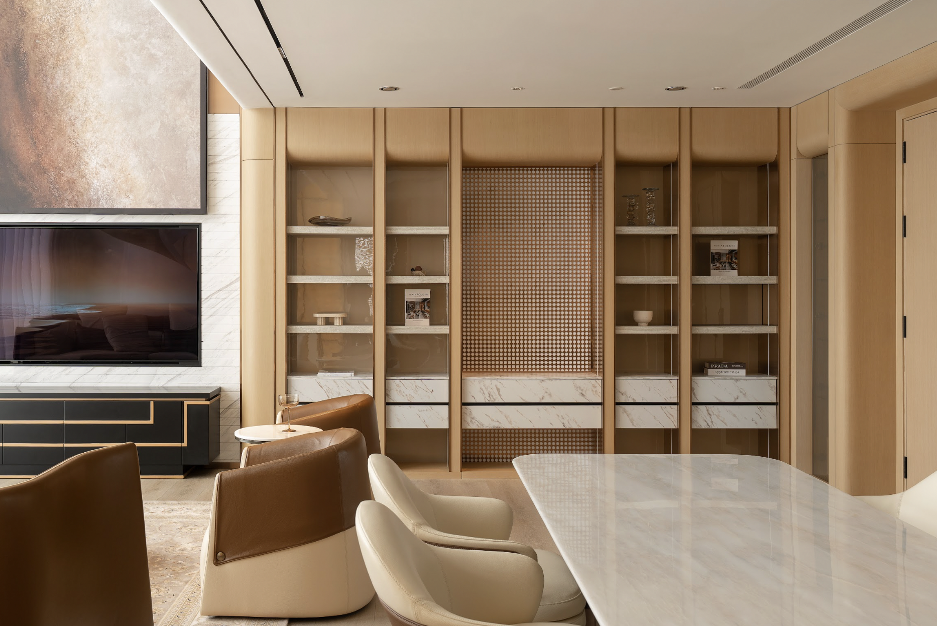 The dining table area uses premium materials, bringing a comfortable and luxurious living experience.