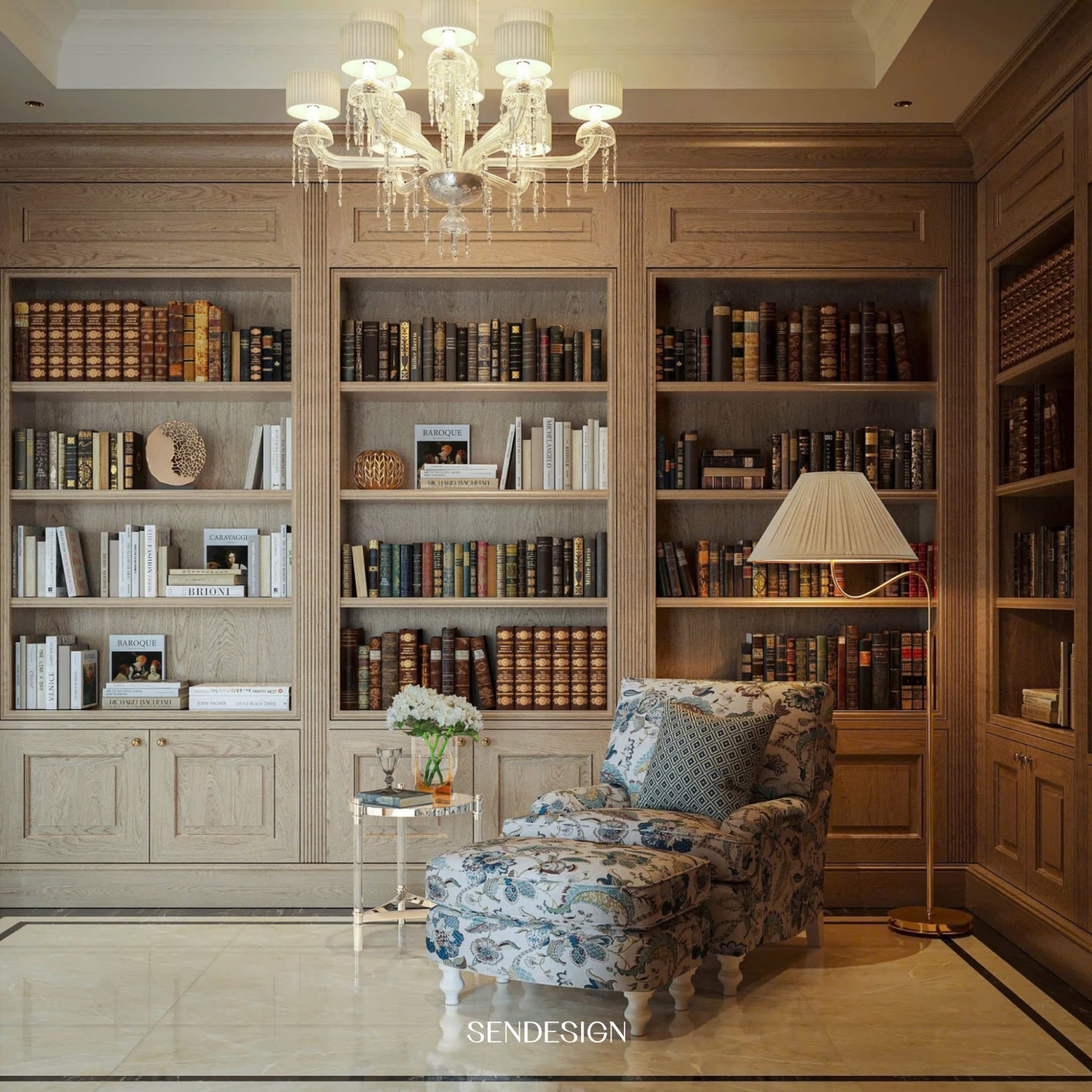 The Chateaux Villa interior design combines natural wood, veined stone, and artistic lighting to add depth to the space.
