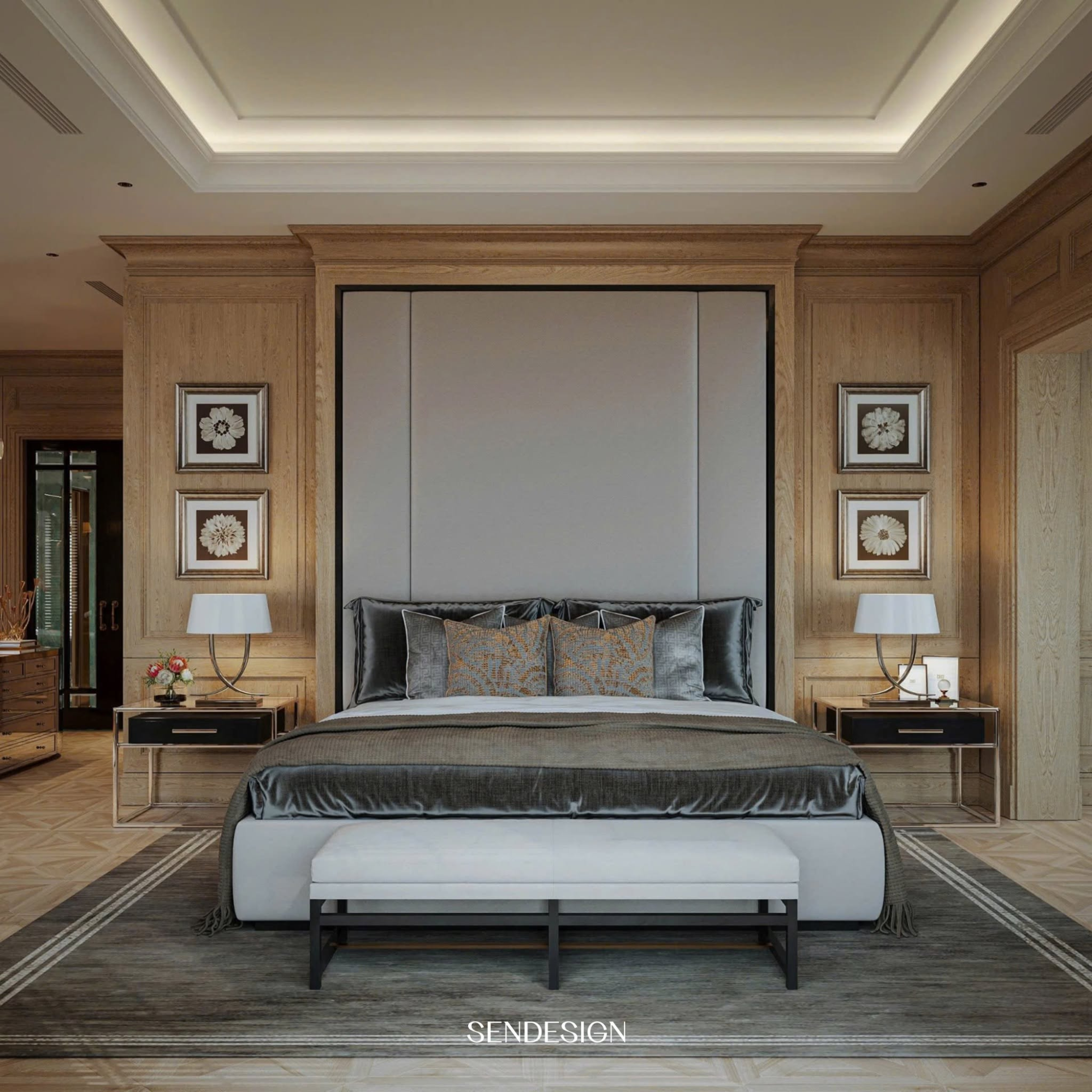 A Neoclassical bedroom with an elegant palette, creating a cozy, private, and elegant resting space.