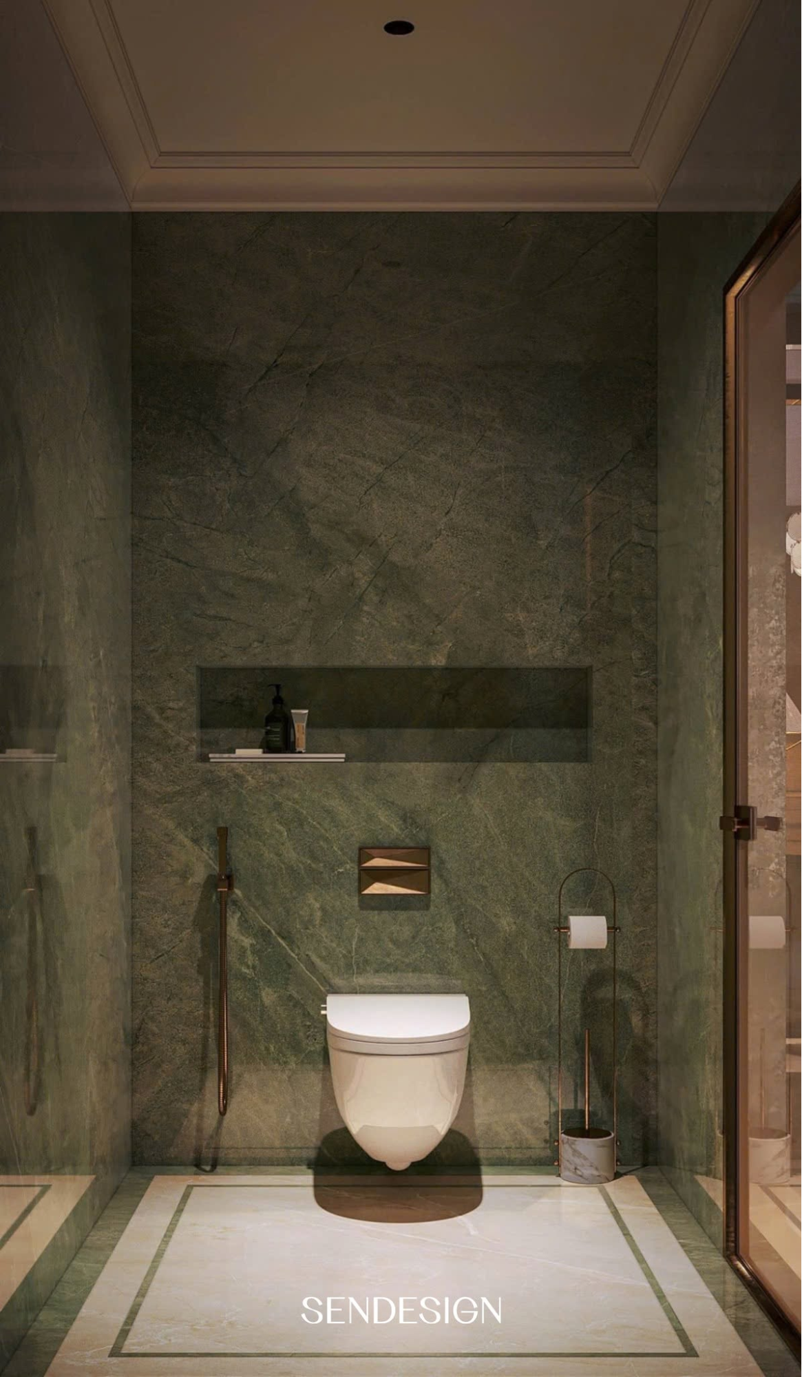 The bathroom in Chateaux Villa uses natural stone and metal details, bringing a luxurious, relaxing, and refined feel.