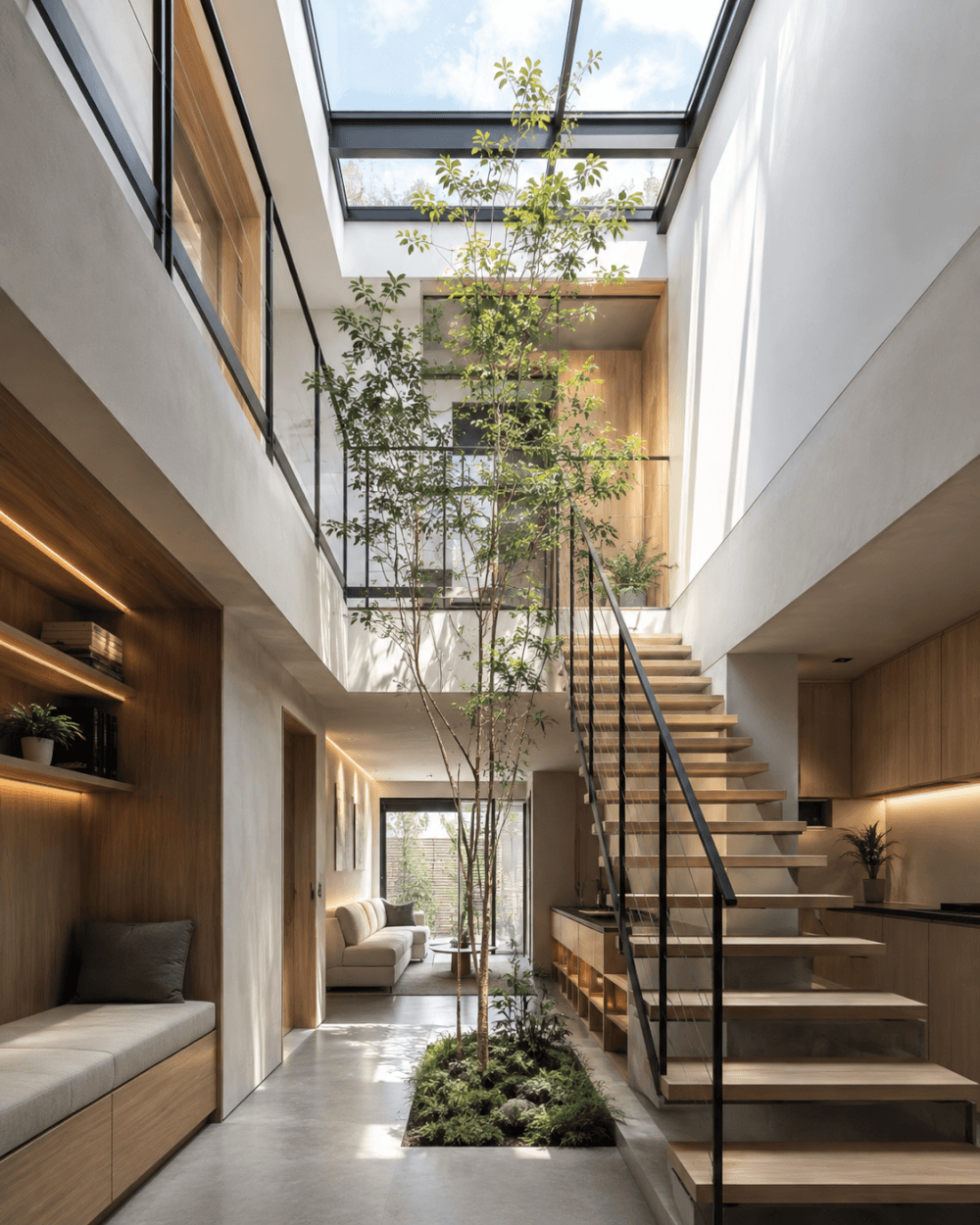 Giếng trời cầu thang là giải pháp hiệu quả giúp duplex nhà phố tăng sáng và thông thoáng