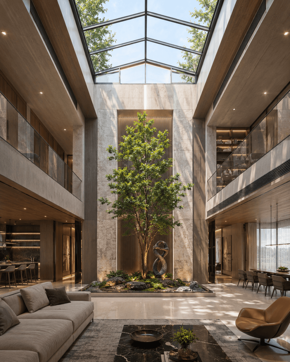 Trục thông tầng nội khu giúp penthouse duplex liên kết hài hòa giữa các khu vực chức năng