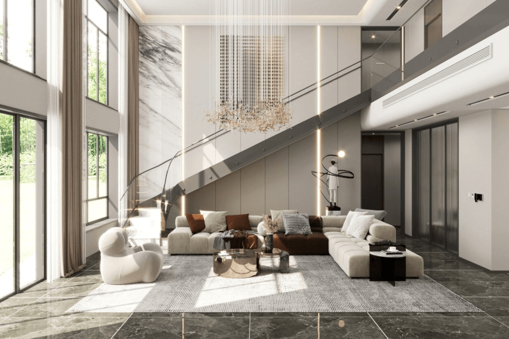 Modern Luxury sử dụng hình khối mạnh, vật liệu cao cấp để tạo mặt tiền thông tầng bề thế và đẳng cấp