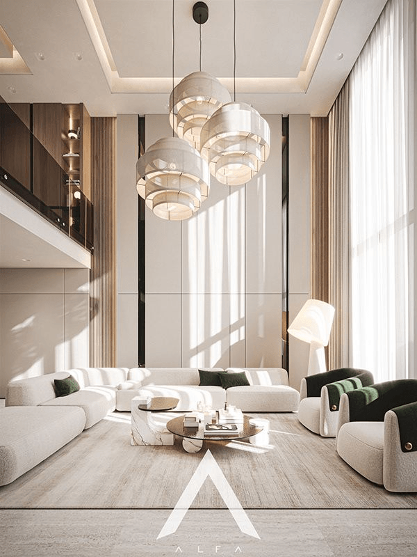 Thông tầng trong phong cách Modern Luxury tôn lên vẻ sang trọng bằng tỷ lệ không gian và vật liệu cao cấp.