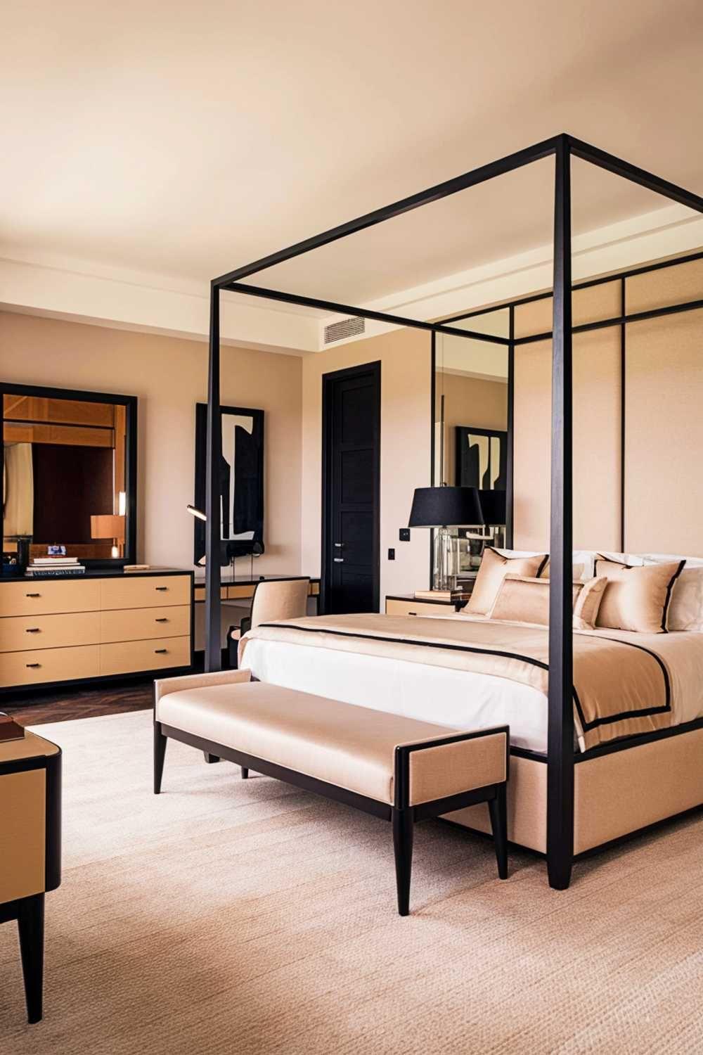 Phòng ngủ biệt thự Á Đông hiện đại với giường 4 cột gỗ óc chó cao cấp, vách ngăn họa tiết gỗ tinh xảo và cửa kính lớn mở ra khu vườn xanh mát bên ngoài. (Nguồn: Internet)