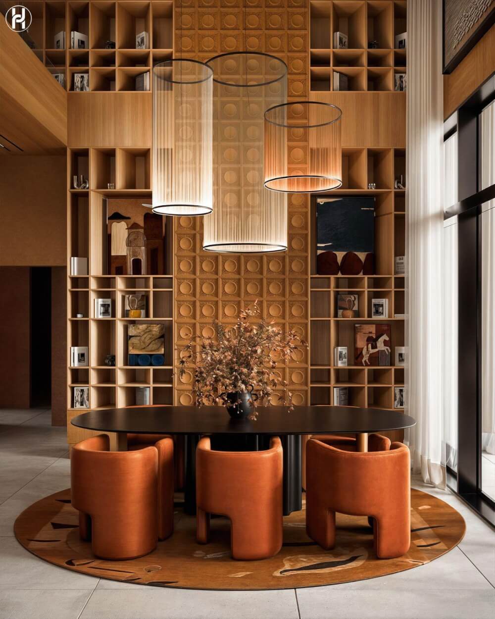 Eclectic cho phép gia chủ tự do trưng bày những bộ sưu tập nghệ thuật khổ lớn ngay trên vách thông tầng.