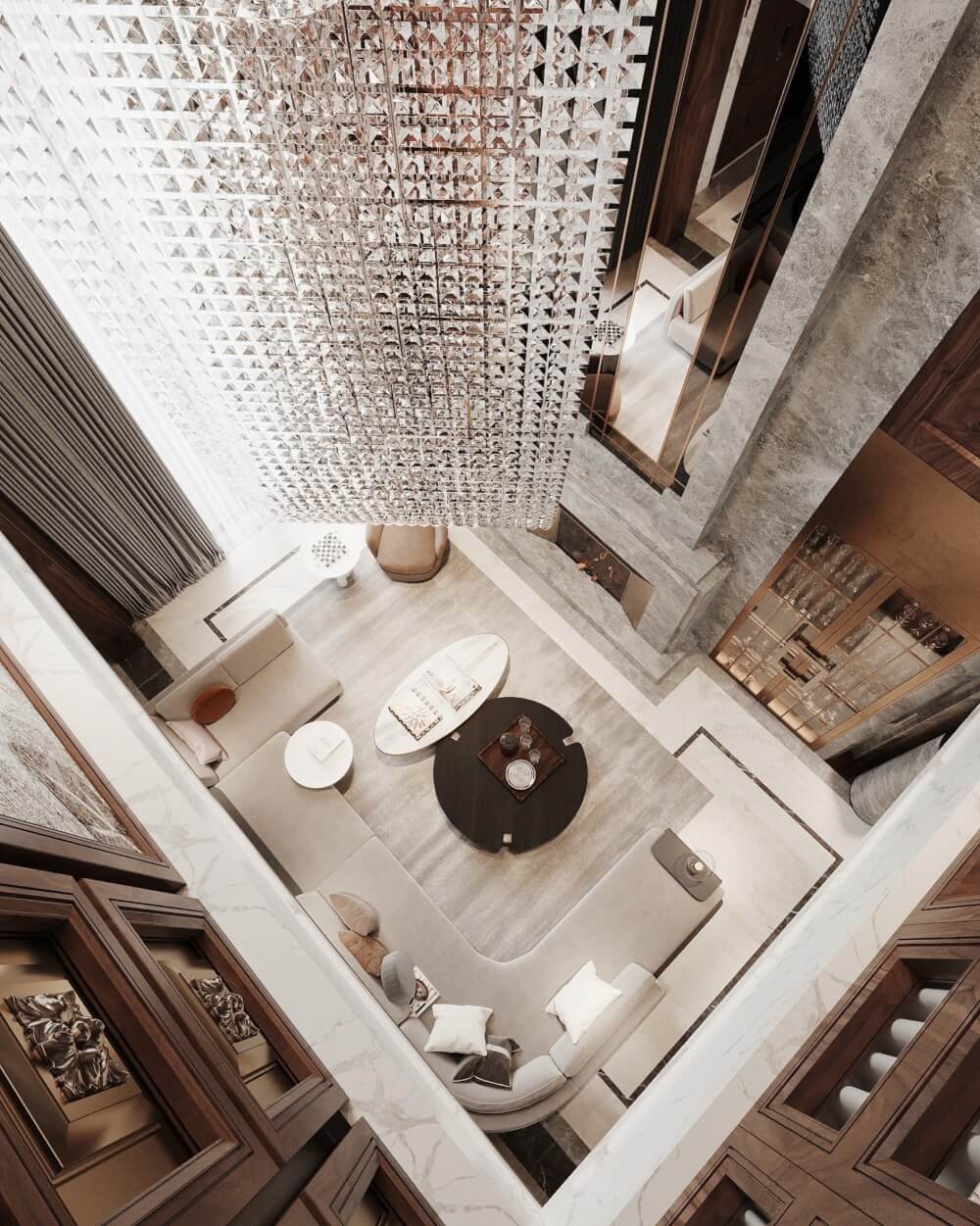 Cụm đèn pha lê xa hoa thả từ trần cao chính là "trái tim" thu hút mọi ánh nhìn của không gian Modern Luxury.