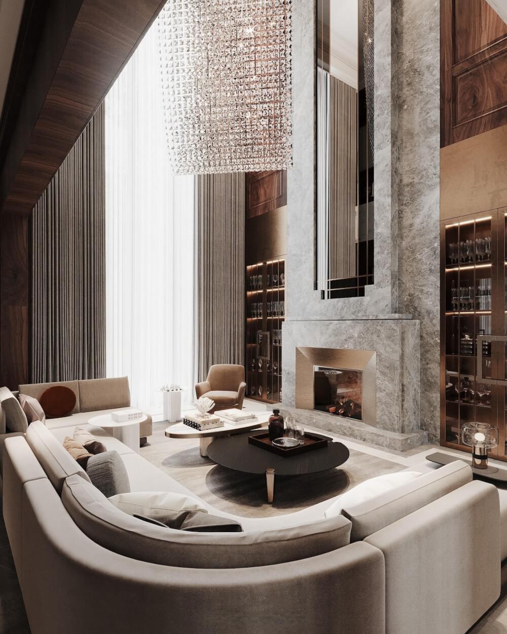 Modern Luxury biến khoảng thông tầng thành bản tuyên ngôn đẳng cấp với vật liệu đá tự nhiên và kim loại mạ PVD.