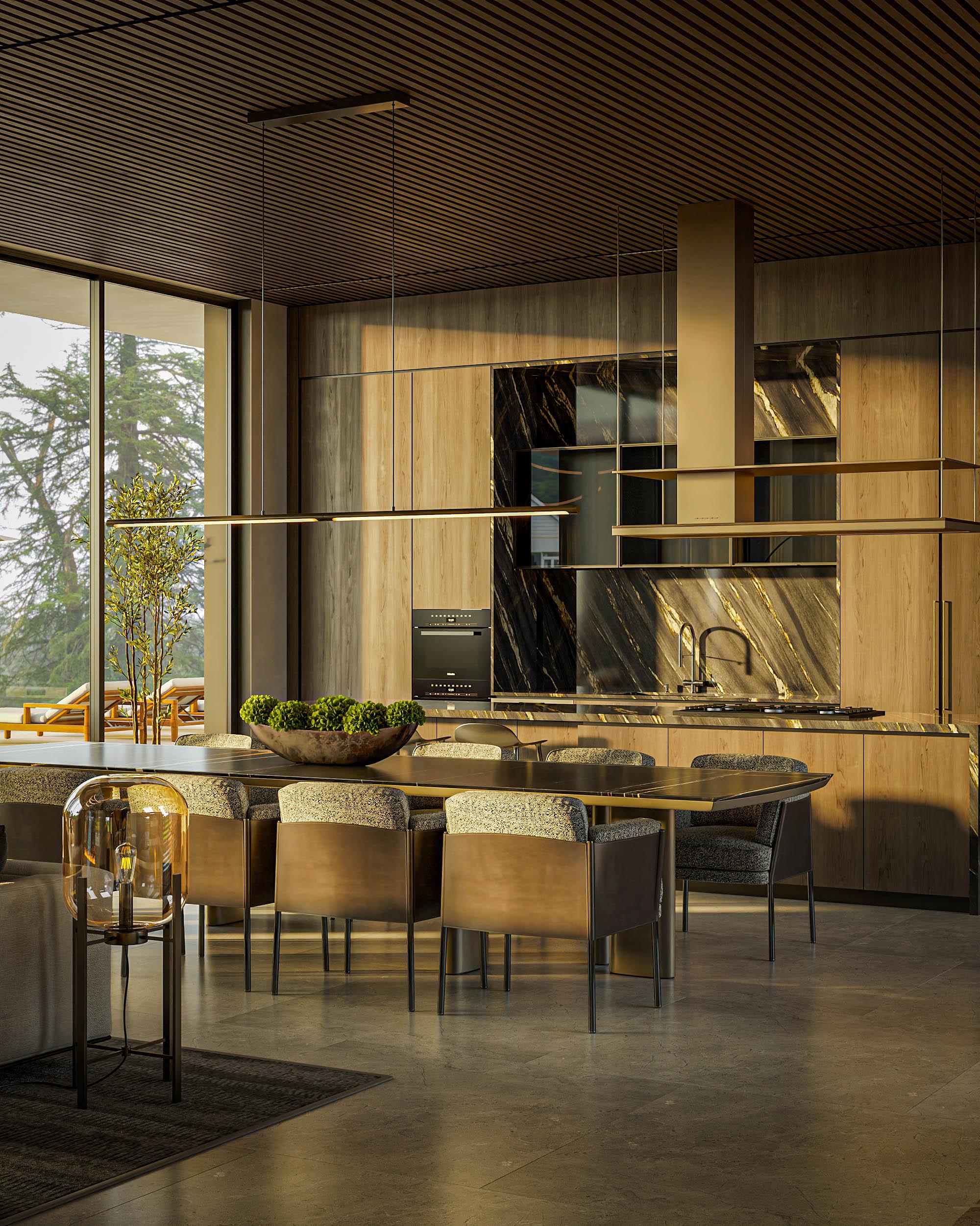 Chất liệu đá và gỗ tự nhiên nâng tầm nhà bếp biệt thự Lakeside Residences.