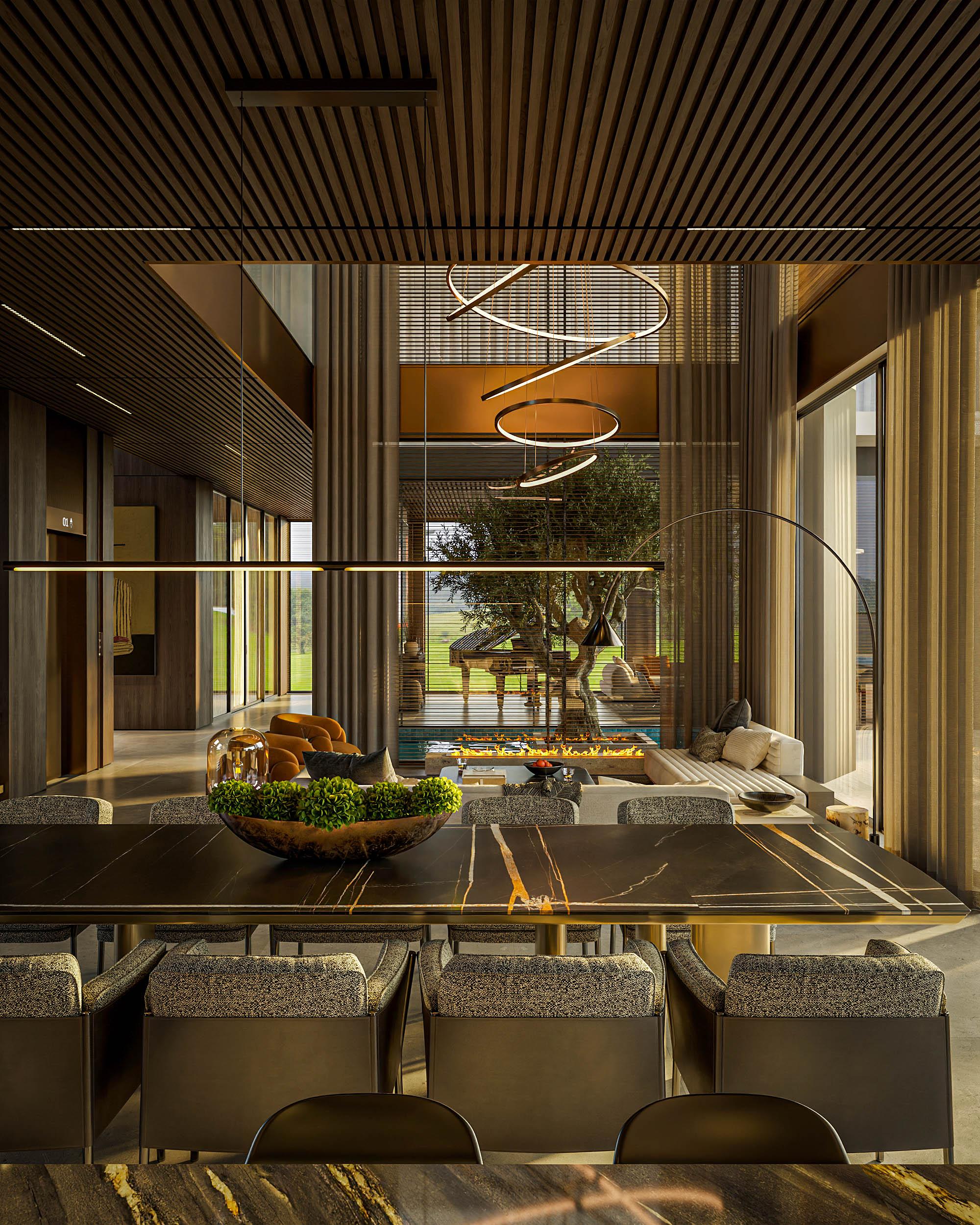 Hệ đèn thả nghệ thuật tạo điểm nhấn cho nhà bếp biệt thự Lakeside Residences.