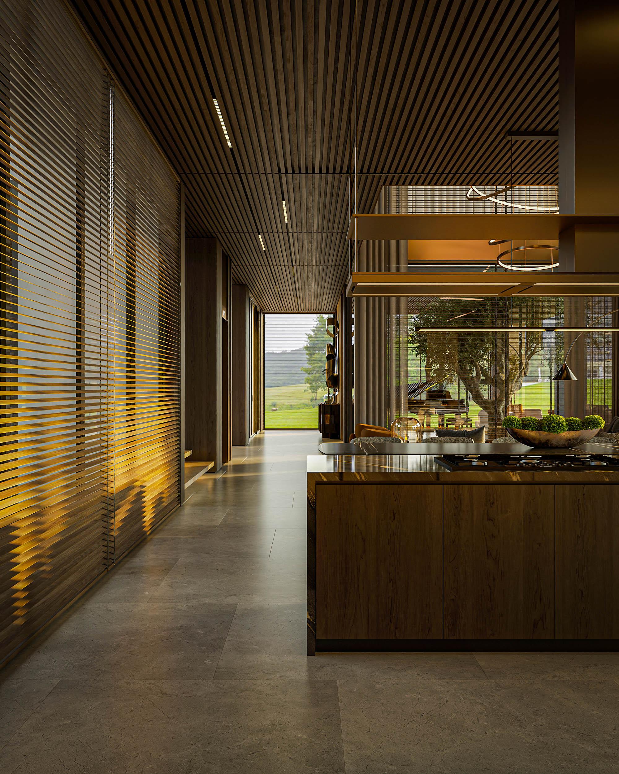 Thiết kế trần gỗ mở rộng chiều sâu cho nhà bếp biệt thự Lakeside Residences.