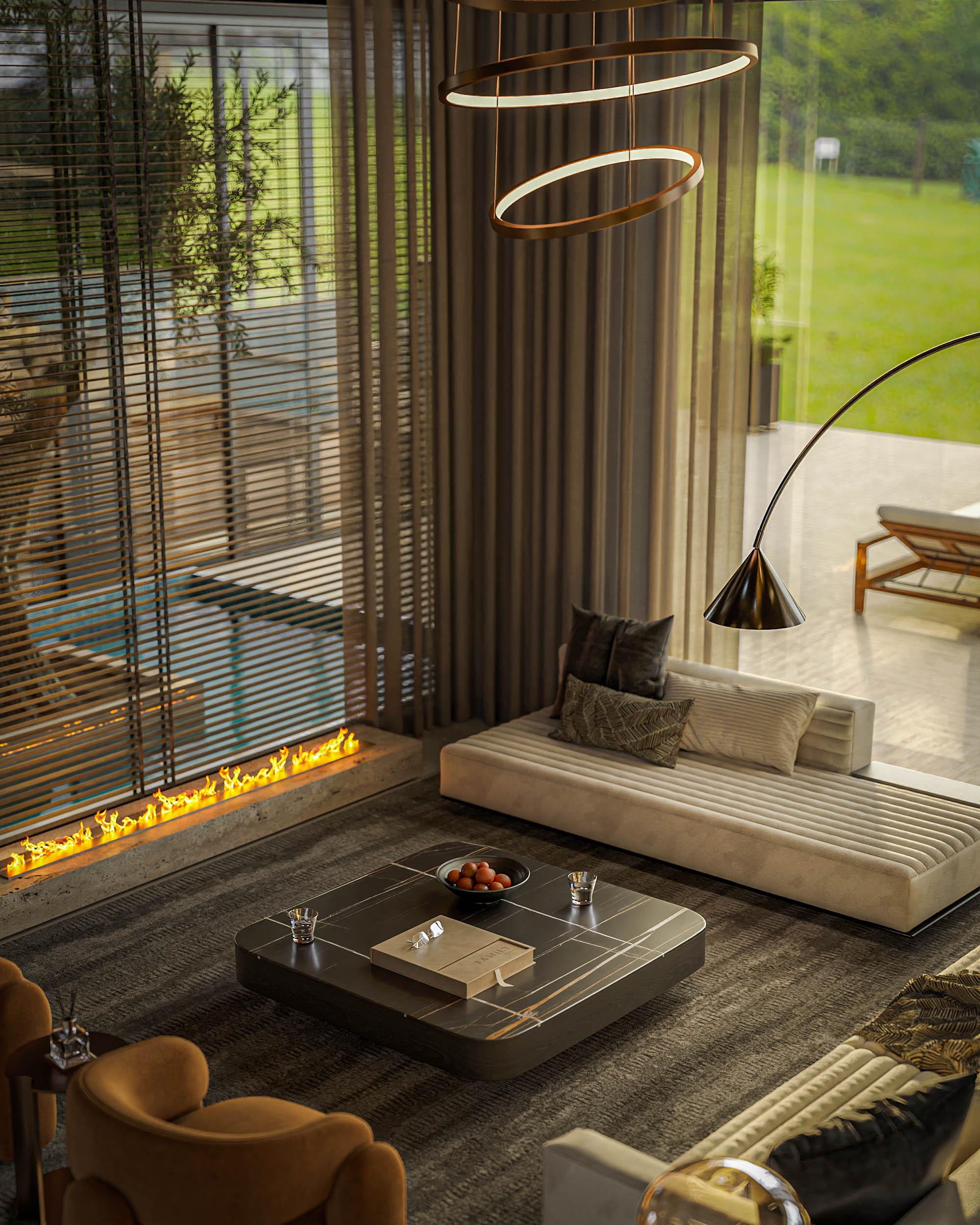 Chi tiết lò sưởi tuyến tính hiện đại đặt dọc theo hệ vách kính không chỉ mang lại hơi ấm êm dịu mà còn là nét chấm phá độc đáo, nâng tầm sự tiện nghi thượng lưu