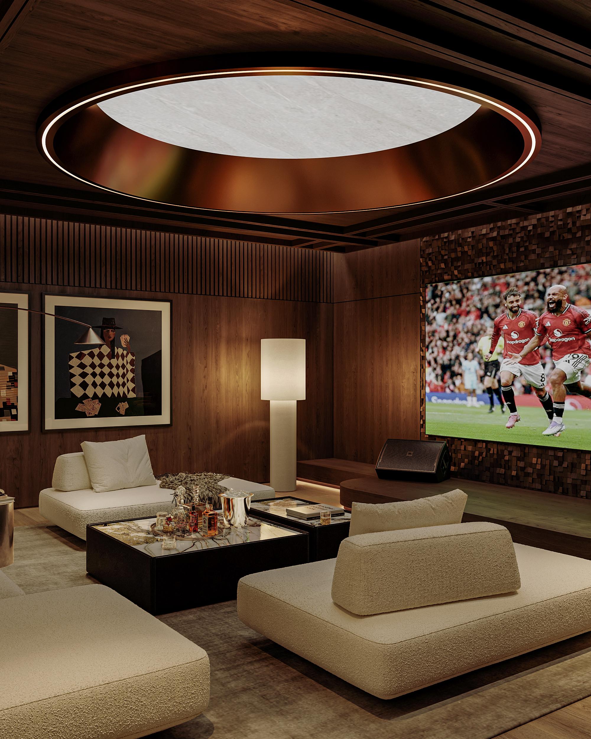 Sofa cao cấp và màn hình sắc nét biến khu vực giải trí biệt thự Lakeside Residences thành rạp chiếu phim tại gia sang trọng.