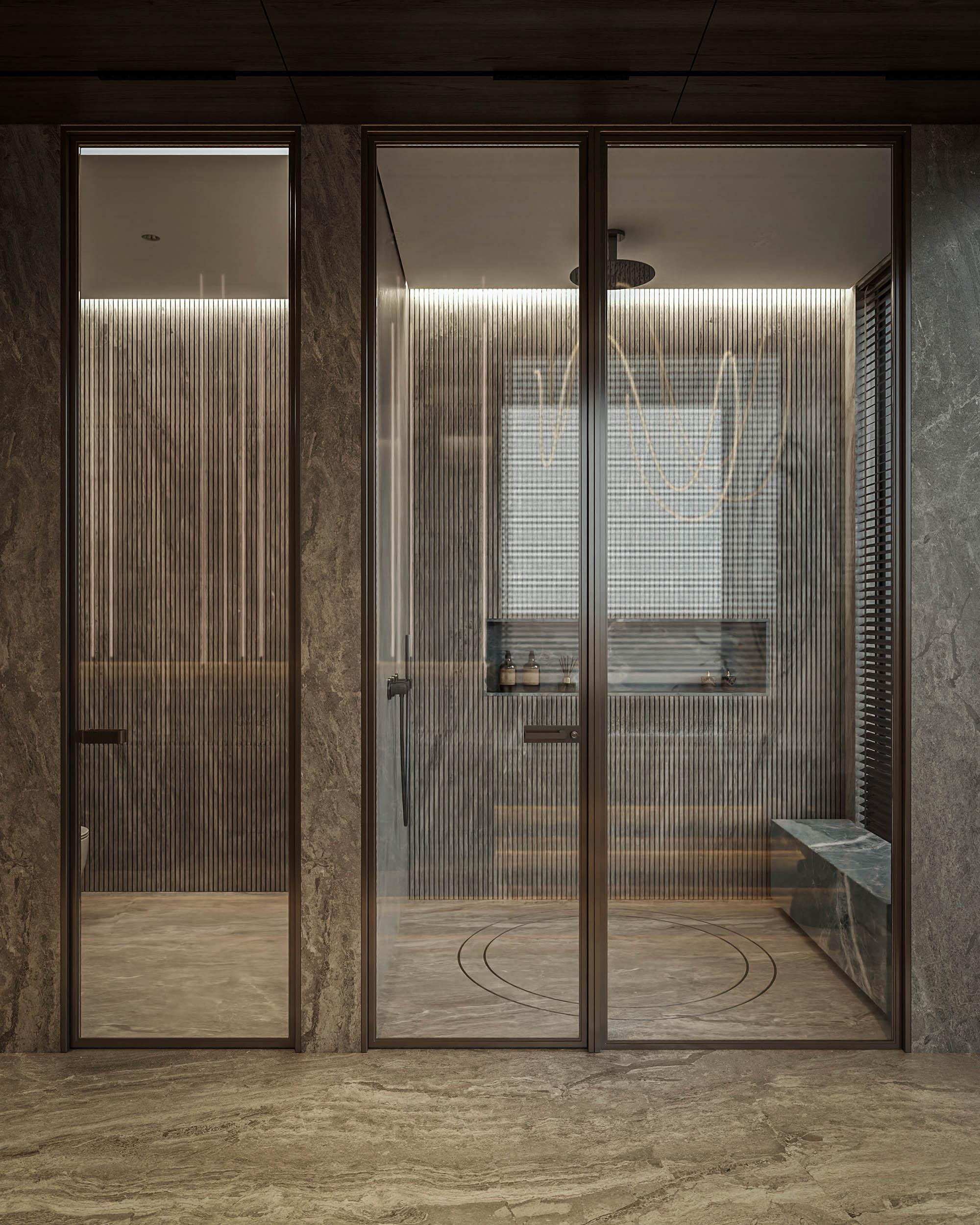 Hệ vách kính trong suốt mở rộng không gian, mang đến trải nghiệm tắm chuẩn spa cho khu vực vệ sinh biệt thự Lakeside Residences.