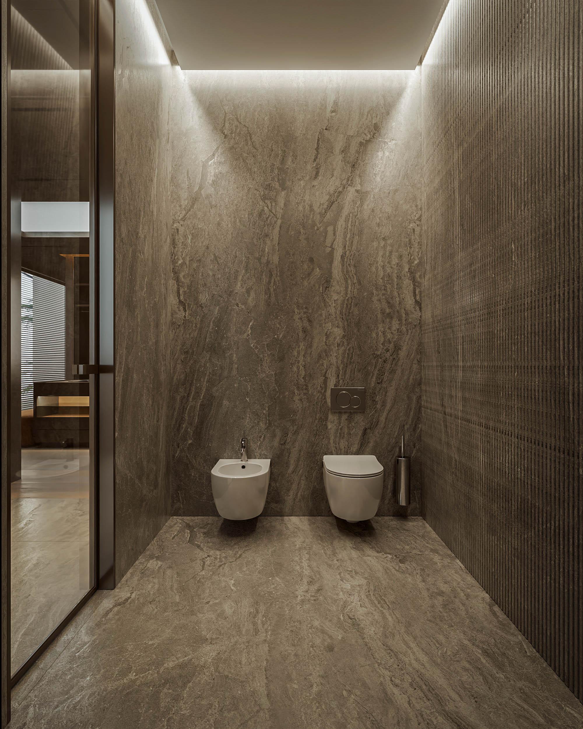 Thiết bị treo tường tối giản trên nền đá liền khối tạo sự thanh thoát cho khu vực vệ sinh biệt thự Lakeside Residences.