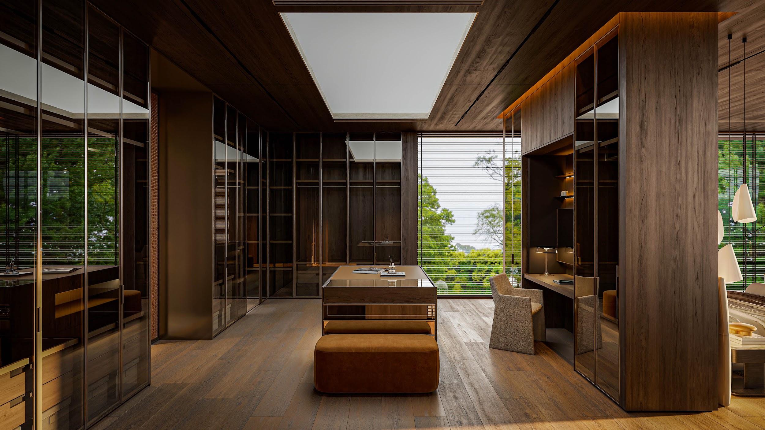 Hệ tủ kính sang trọng kết hợp gỗ tự nhiên kiến tạo nên không gian thay đồ đẳng cấp cho phòng ngủ biệt thự Lakeside Residences.