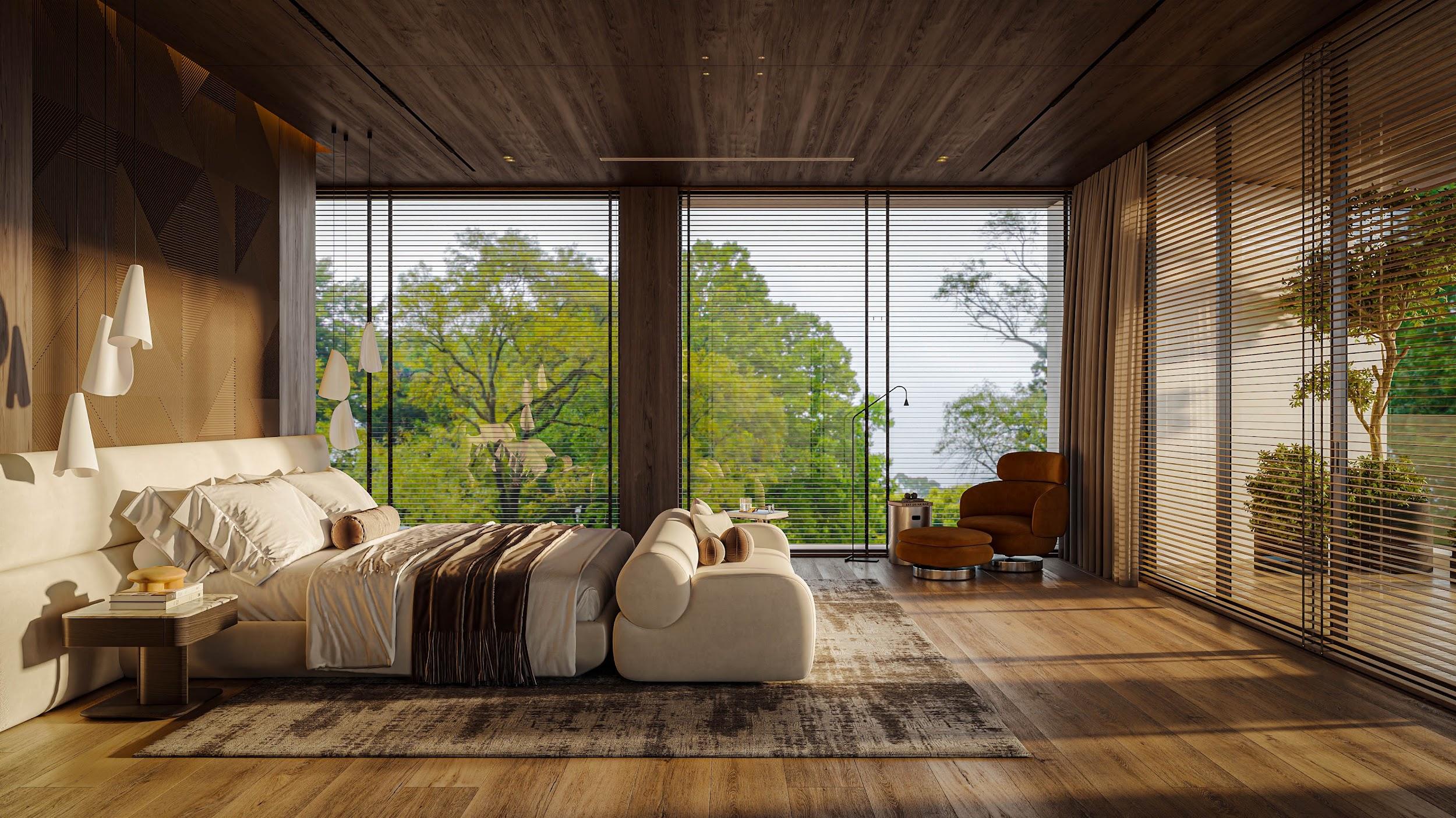 Không gian mở giúp phòng ngủ biệt thự Lakeside Residences giao hòa trọn vẹn cùng thiên nhiên, mang lại trải nghiệm nghỉ dưỡng đích thực.