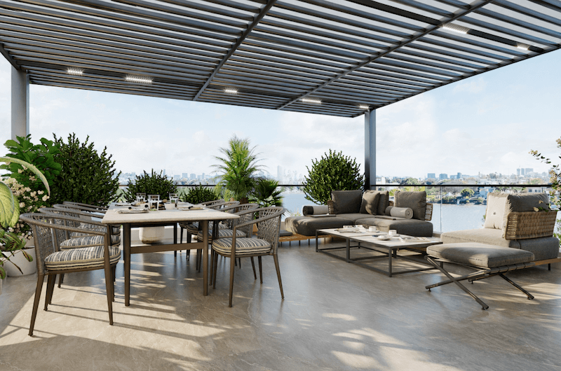Sân thượng view hồ khoáng đạt kiến tạo góc thư giãn tuyệt vời cho khu vực giải trí biệt thự Vinhomes Green Bay. (Nguồn ảnh: Internet)