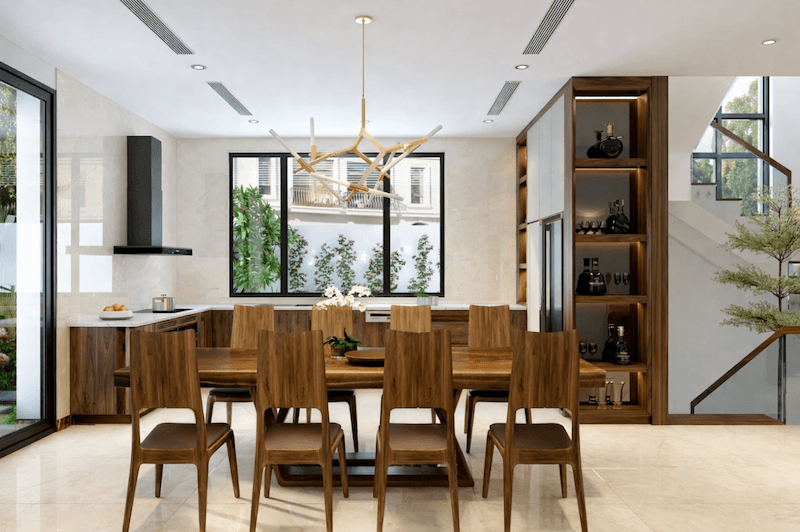Chất liệu gỗ nguyên bản mang lại cảm giác ấm cúng, bề thế đầy cuốn hút cho phòng bếp biệt thự Vinhomes Green Bay. (Nguồn ảnh: Internet)