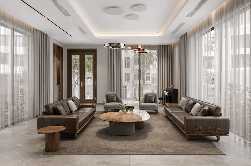 Sự đối xứng trong bài trí sofa da cao cấp tạo nên vẻ đẹp chuẩn mực cho phòng khách biệt thự Vinhomes Green Bay. (Nguồn ảnh: Internet)