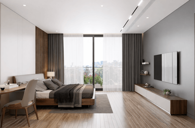 Đường nét tối giản và gam màu trung tính mang đến sự thư thái tuyệt đối cho phòng ngủ biệt thự Vinhomes Green Bay. (Nguồn ảnh: Internet)