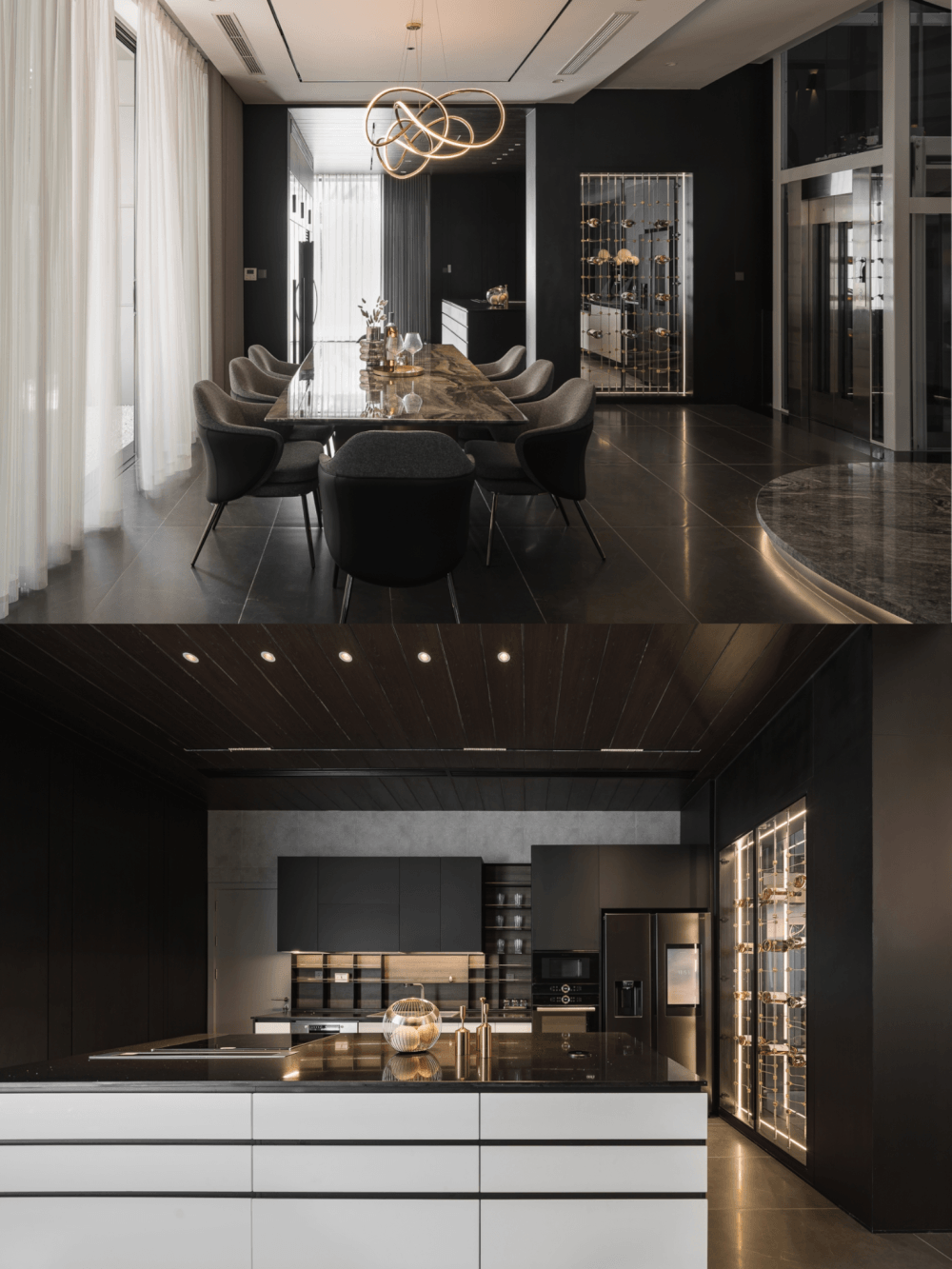 Đảo bếp lớn không chỉ là nơi chuẩn bị bữa ăn mà còn đóng vai trò như một quầy bar sang trọng kết nối các thành viên.