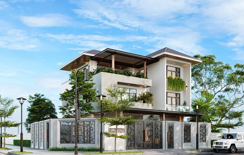 Mẫu biệt thự 3 tầng gây ấn tượng với sự kết hợp vật liệu gỗ tự nhiên và hệ cây xanh bao phủ mặt tiền (Nguồn: Internet)