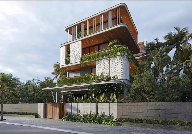 Mẫu thiết kế biệt thự nhà phố có sân vườn mang phong cách hiện đại với những đường nét bo tròn mềm mại và không gian xanh bao phủ mặt tiền vô cùng ấn tượng (Nguồn: Internet)