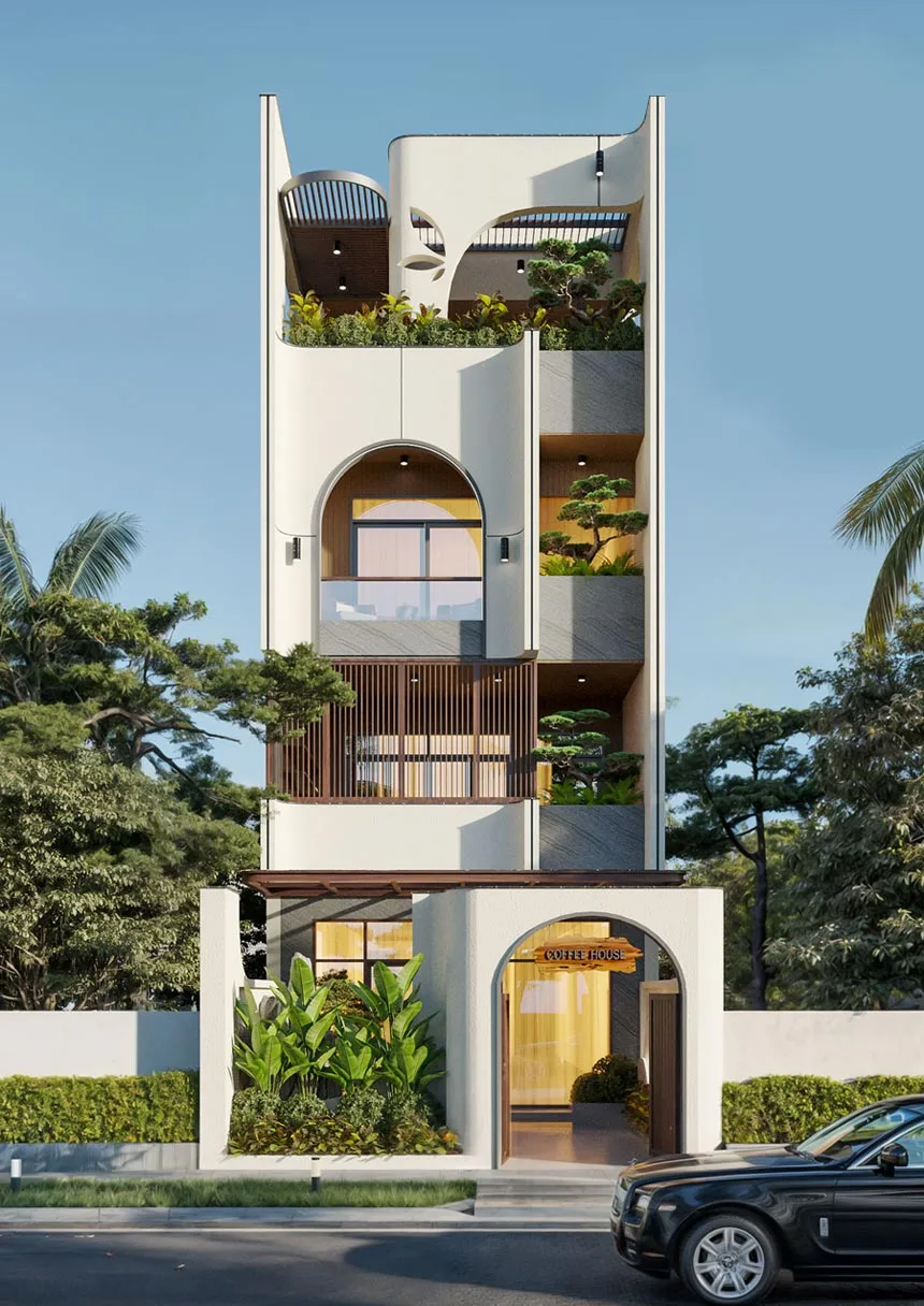 Mẫu thiết kế biệt thự nhà phố toát lên vẻ sang trọng với hệ mái Mansard đặc trưng, những đường phào chỉ tinh xảo và ban công sắt uốn nghệ thuật đầy cuốn hút (Nguồn: Internet)