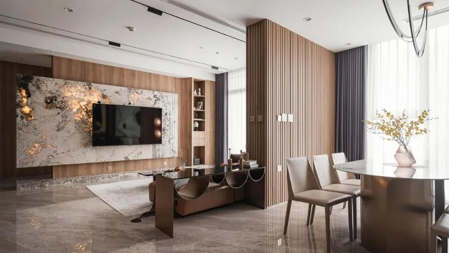 Nội thất phong cách Contemporary với hình khối hiện đại và cách phối vật liệu hài hòa.