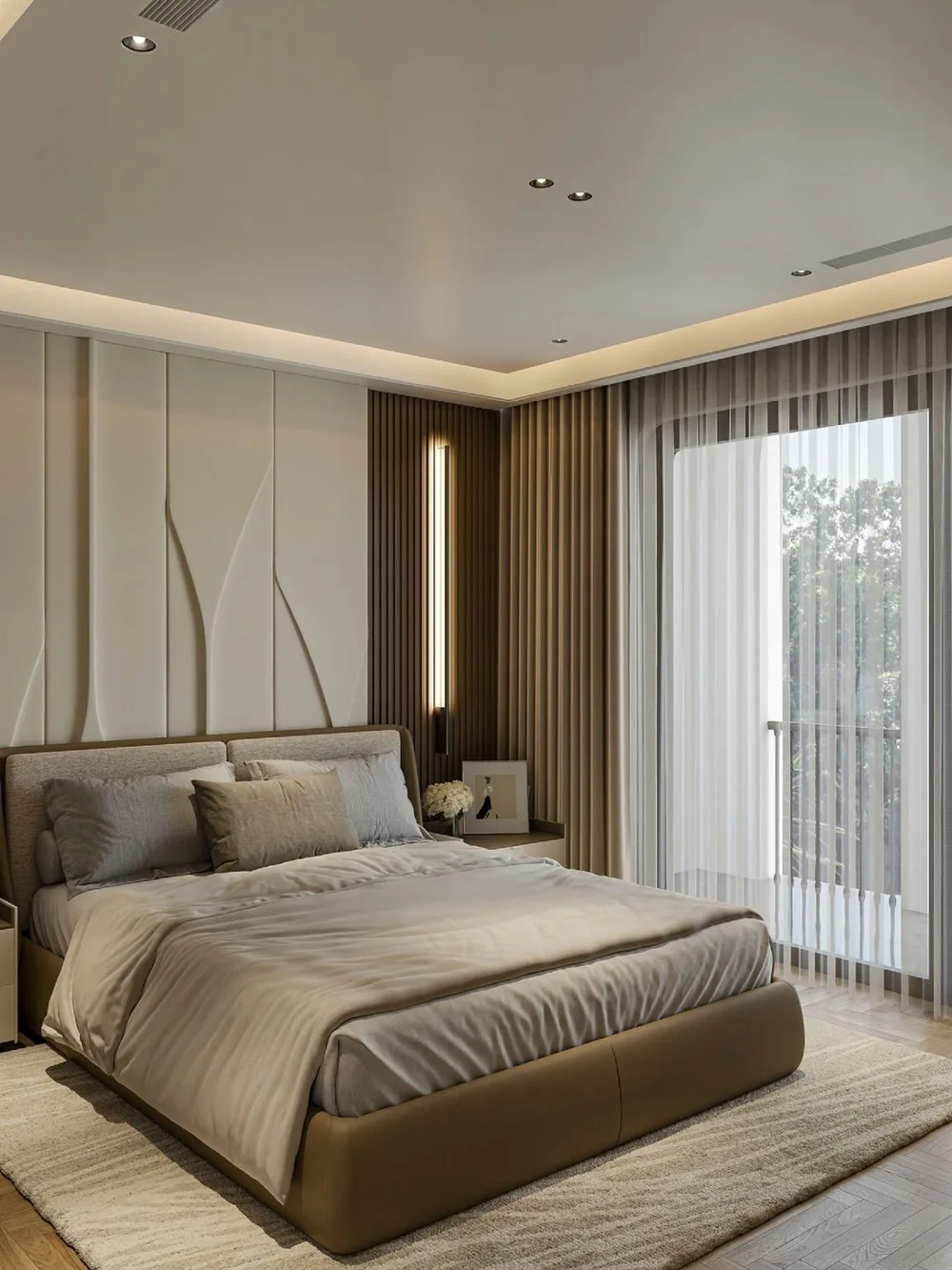 Phòng ngủ mang phong cách thanh lịch, kết hợp màu sắc nhẹ nhàng và nội thất tinh tế.