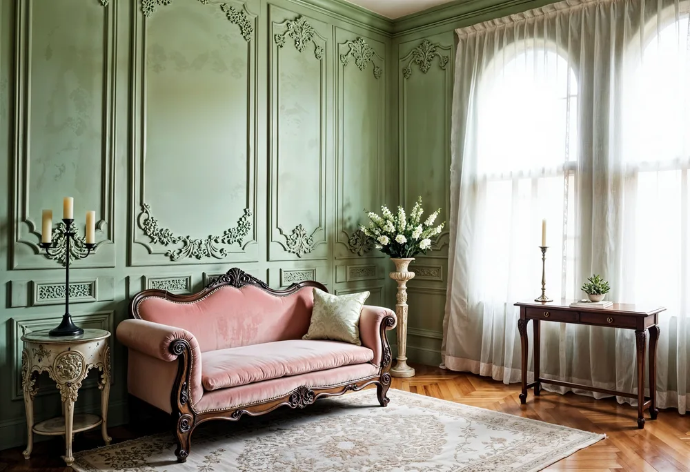 Sofa gỗ, ghế bành cong và thảm họa tiết giúp không gian gợi cảm giác hoài niệm mà vẫn thanh lịch (Nguồn hình: Internet)