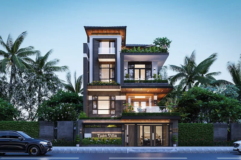 Thiết kế biệt thự 3 tầng gây ấn tượng bằng không gian mở thoáng đãng và hệ thống chiếu sáng ngoại thất tinh tế (Nguồn: Internet)